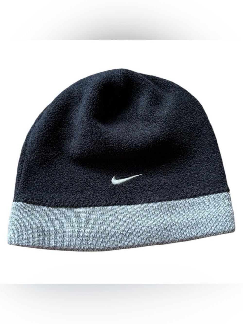Vintage Nike Fleece Beanie Hat Black Gray Embroidered Swoosh Y2K Streetwear